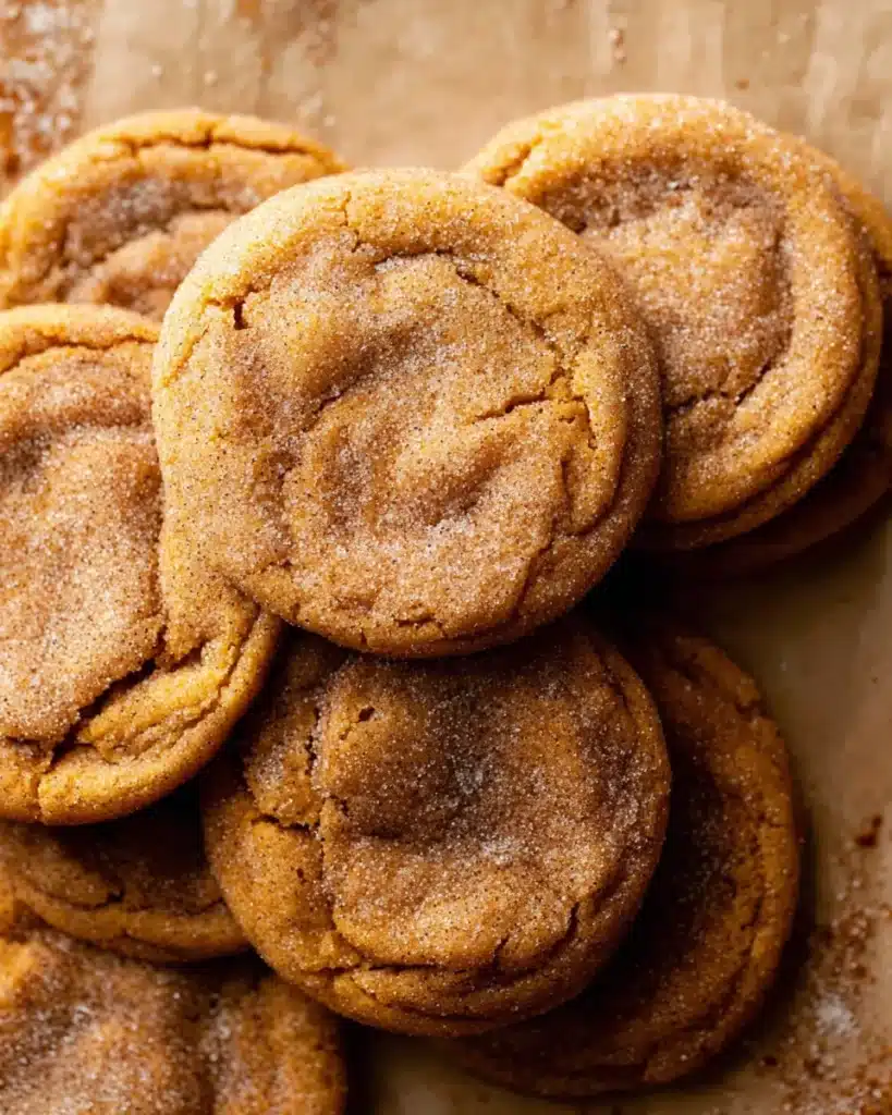 Close-up of chewy pumpkin snickerdoodle cookies with cinnamon sugar coating.