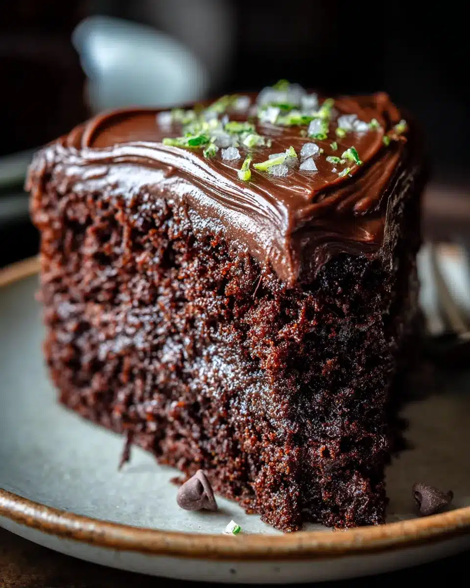 Moist chocolate zucchini cake slice with rich frosting and flake salt garnish.