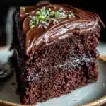 Close-up of moist chocolate zucchini cake slice topped with rich frosting and green garnish.