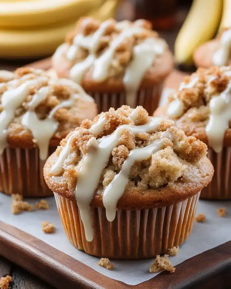 Banana muffin with cinnamon streusel and vanilla drizzle