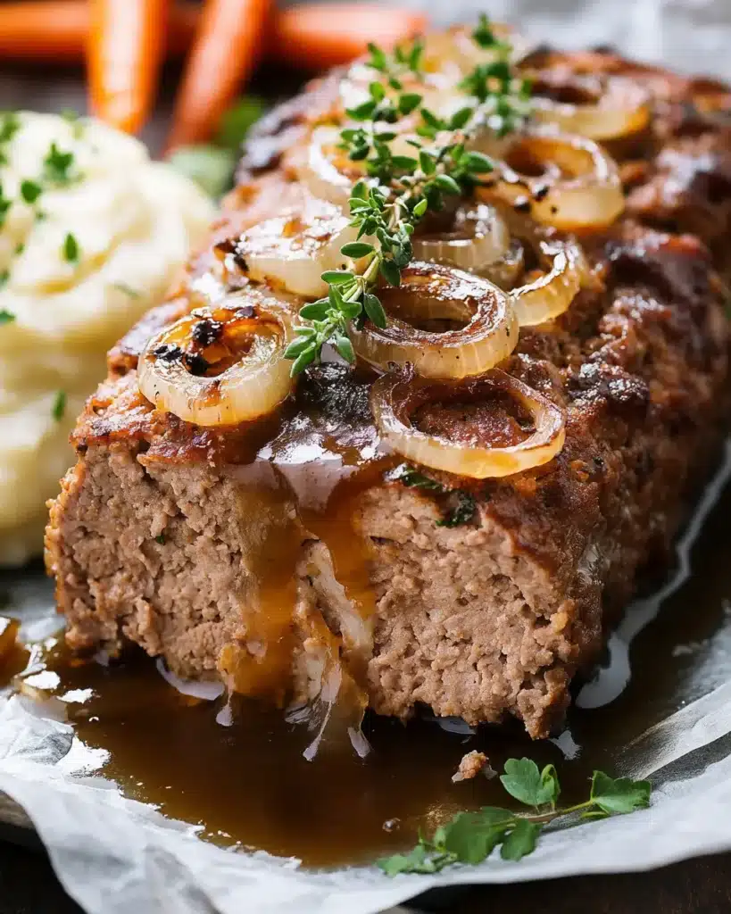 Sliced savory caramelized onion meatloaf with gravy and herbs
