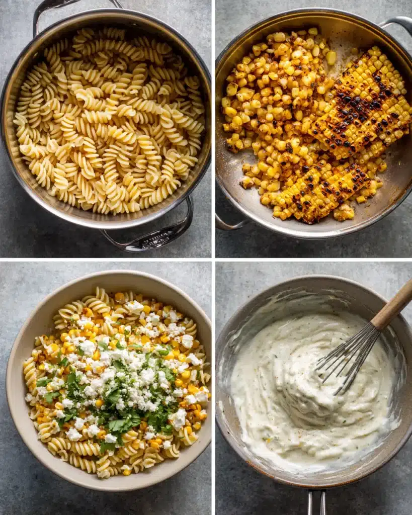 Step-by-step Elote pasta salad prep with pasta, roasted corn, dressing, and mixed ingredients.