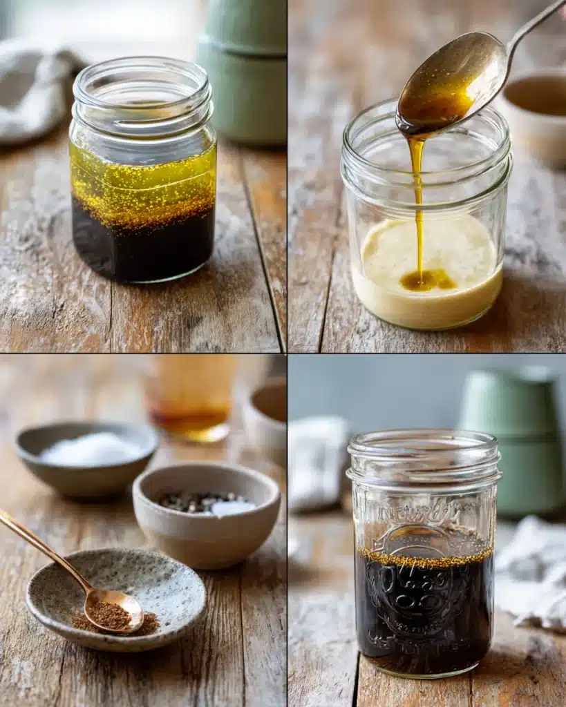 Step-by-step process of making homemade balsamic vinaigrette in jars