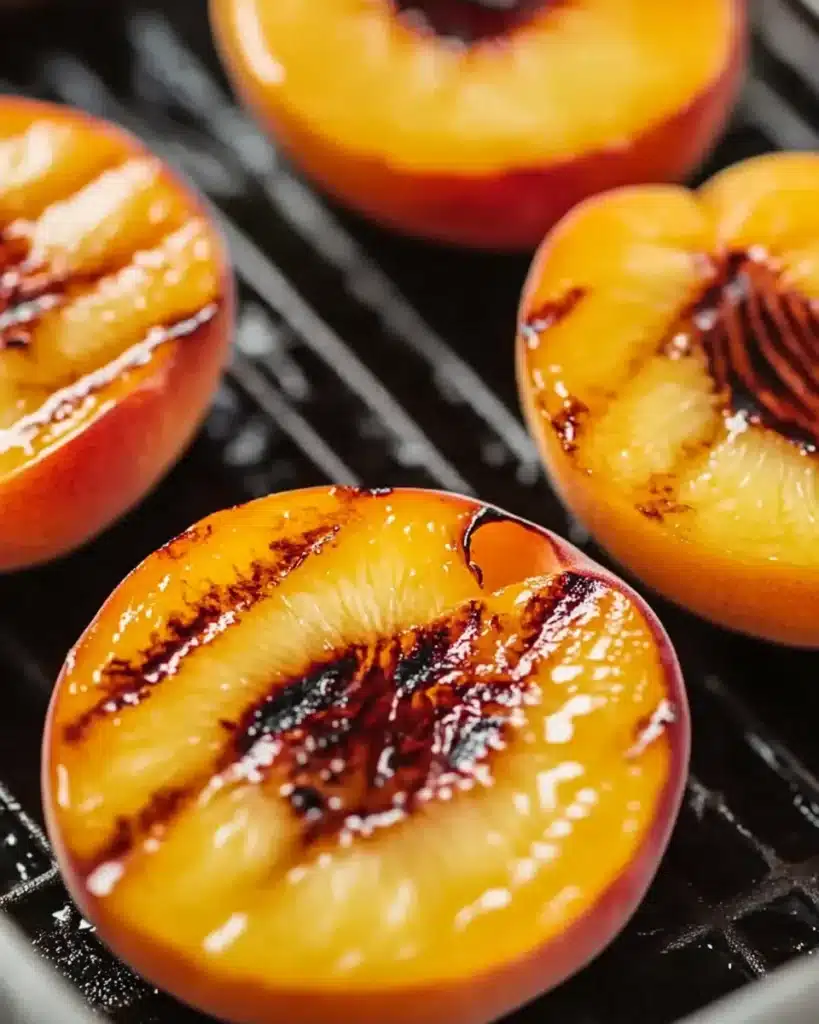 Halved peaches grilling on a grate with caramelized char marks.