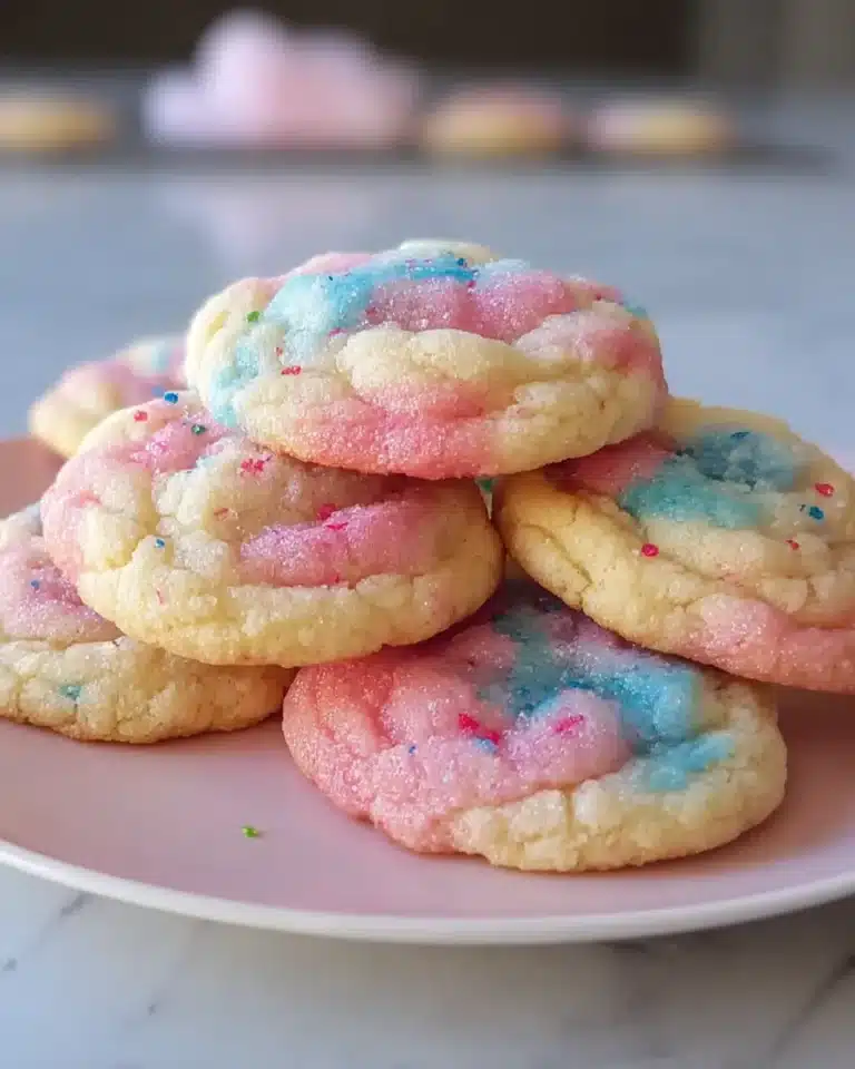 Cotton candy cookies with pink and blue swirls on a pink plate
