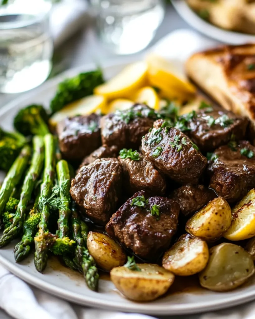Garlic butter beef bites served with potatoes, asparagus, and lemon