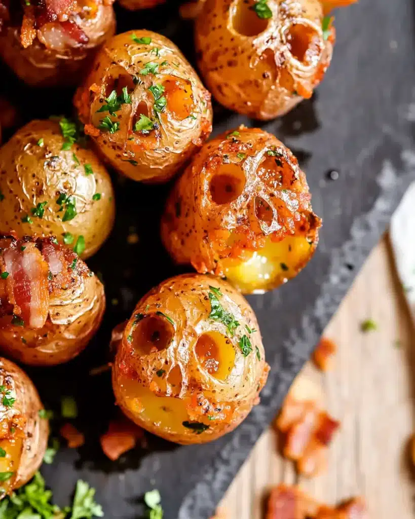 Funny Halloween skull potatoes topped with bacon and herbs
