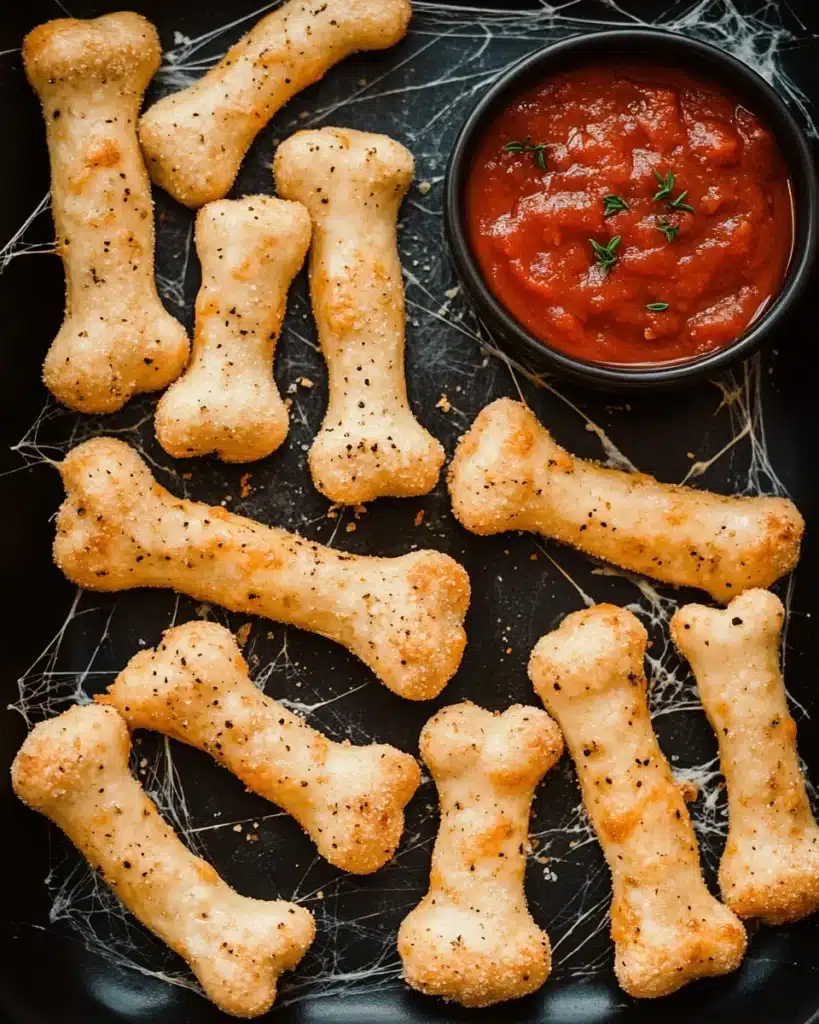 Golden Halloween breadstick bones with black pepper and marinara sauce on a cobweb tray.