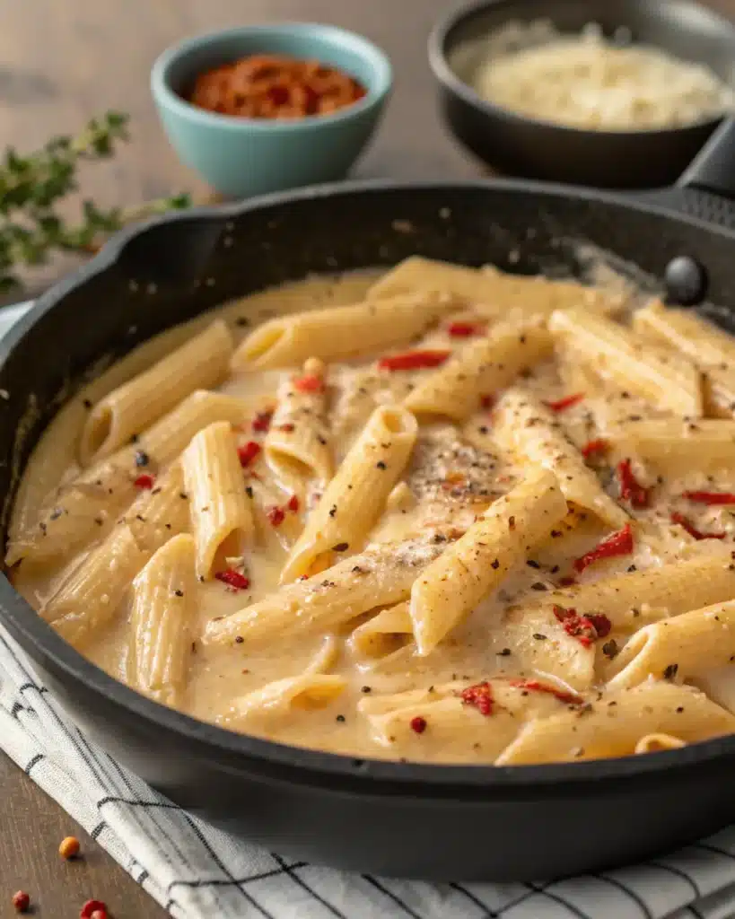 Creamy pasta with penne in a Parmesan sauce with red pepper flakes