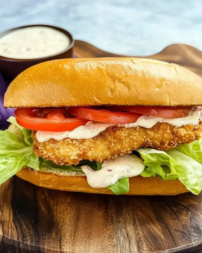 Crispy Catfish Po Boy with lettuce, tomato, and remoulade on French bread