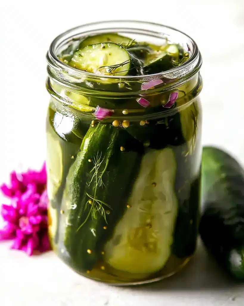 Jar of homemade refrigerator pickles with cucumbers, dill, mustard seeds, and red onions.