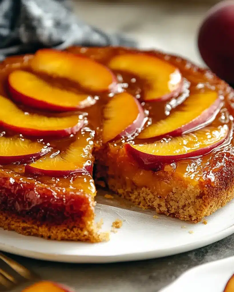 Close-up of a peach bourbon upside-down cake with caramelized fruit topping