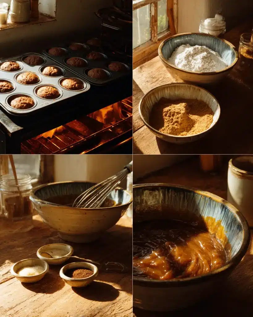 Rustic flat lay of zucchini muffin ingredients including flour, eggs, chocolate chips, and spices.