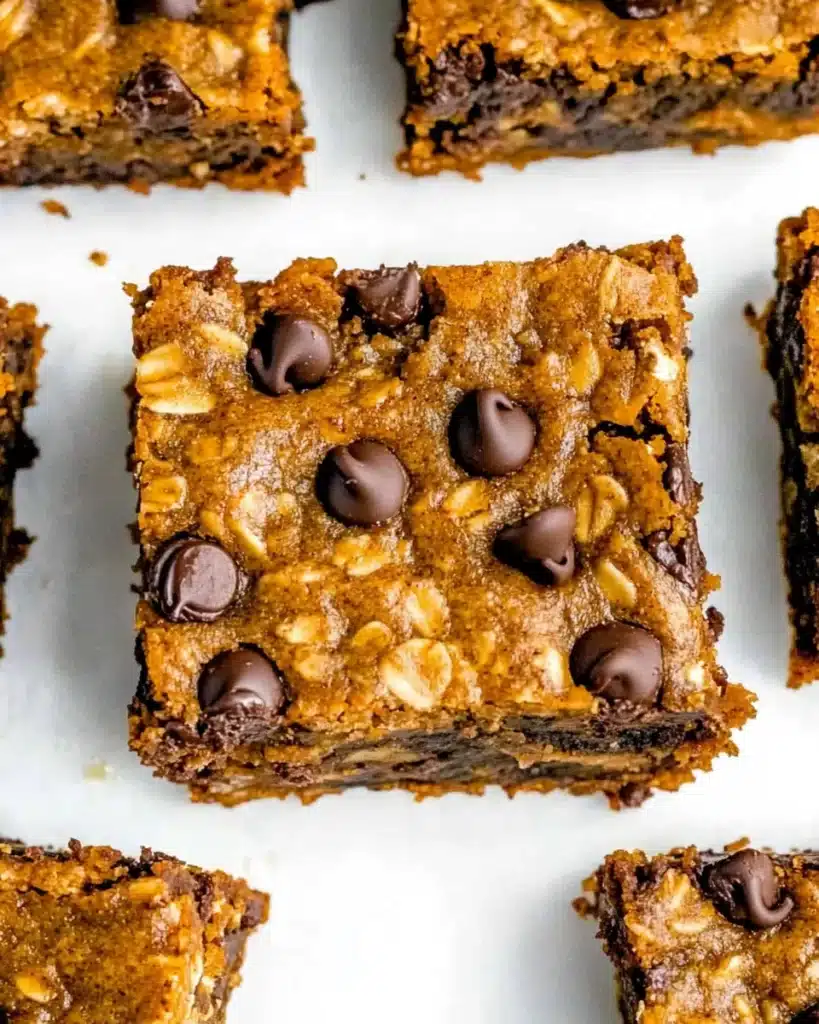 Healthy pumpkin oatmeal bar with chocolate chips and oats