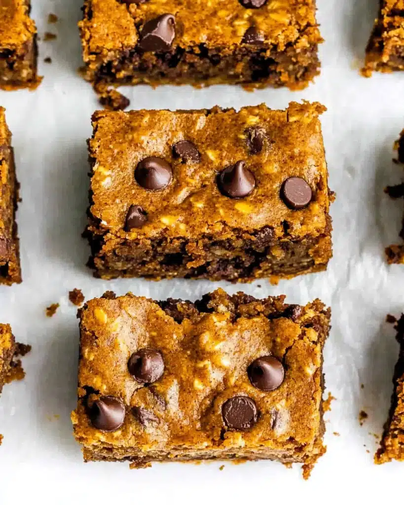 Top view of a pumpkin oatmeal bar with oats and chocolate chips