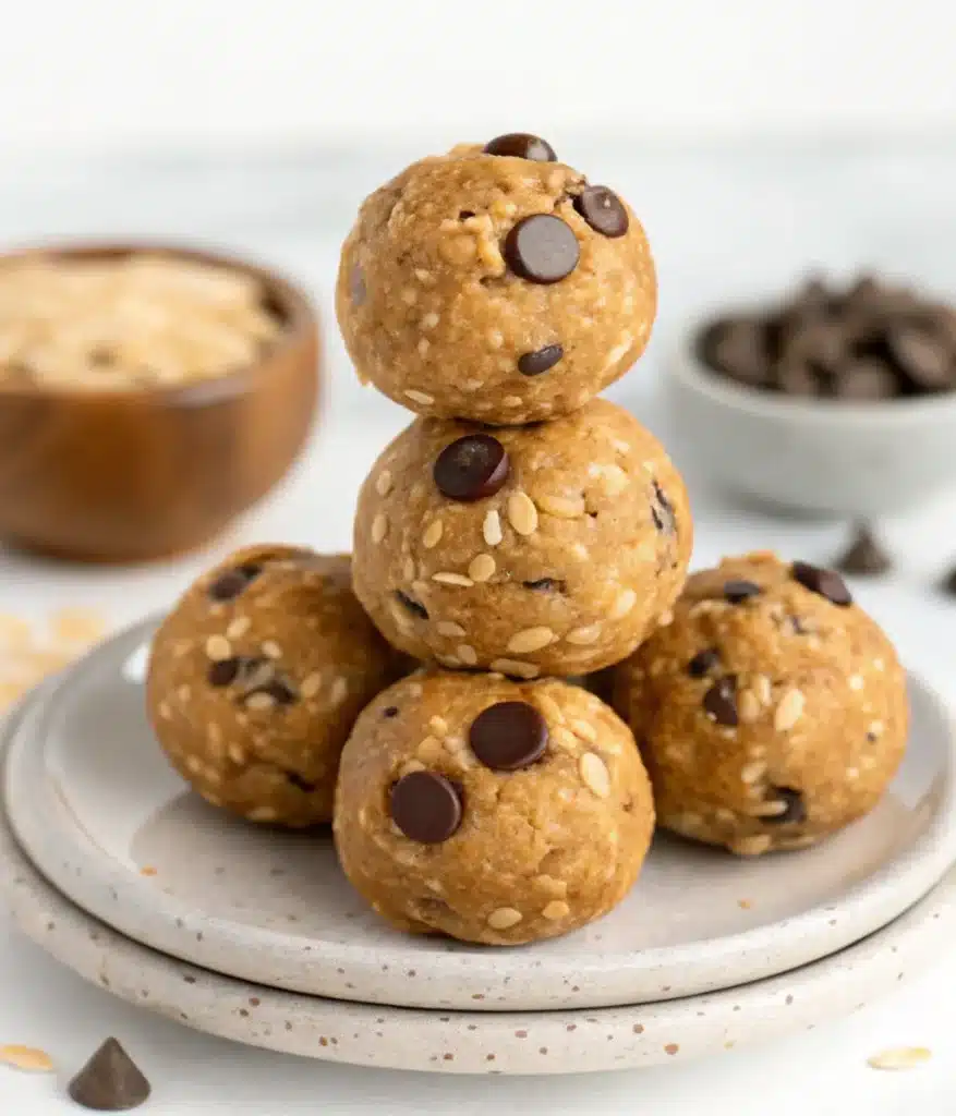 Stack of chocolate chip peanut butter energy balls on a ceramic plate
