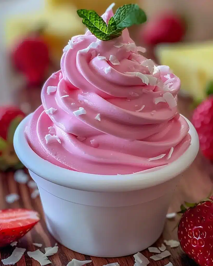 Vegan strawberry Dole Whip swirl with mint leaf and coconut in a white cup