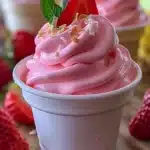 Pink strawberry Dole Whip topped with mint and toasted coconut in a cup