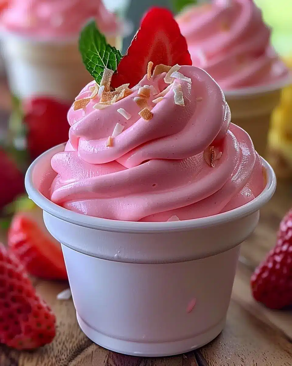 Pink strawberry Dole Whip topped with mint and toasted coconut in a cup