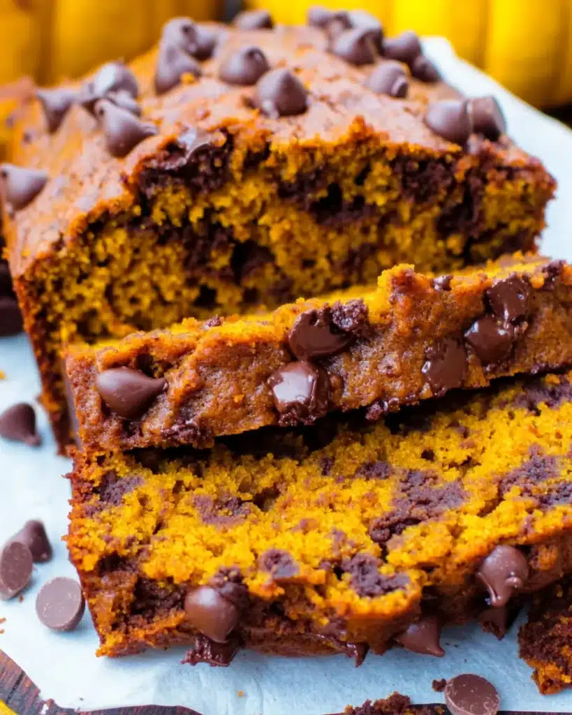 Moist chocolate chip pumpkin bread loaf sliced with melty chocolate chips.