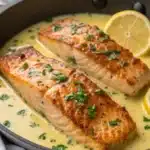 Pan-seared salmon in creamy lemon butter sauce with herbs