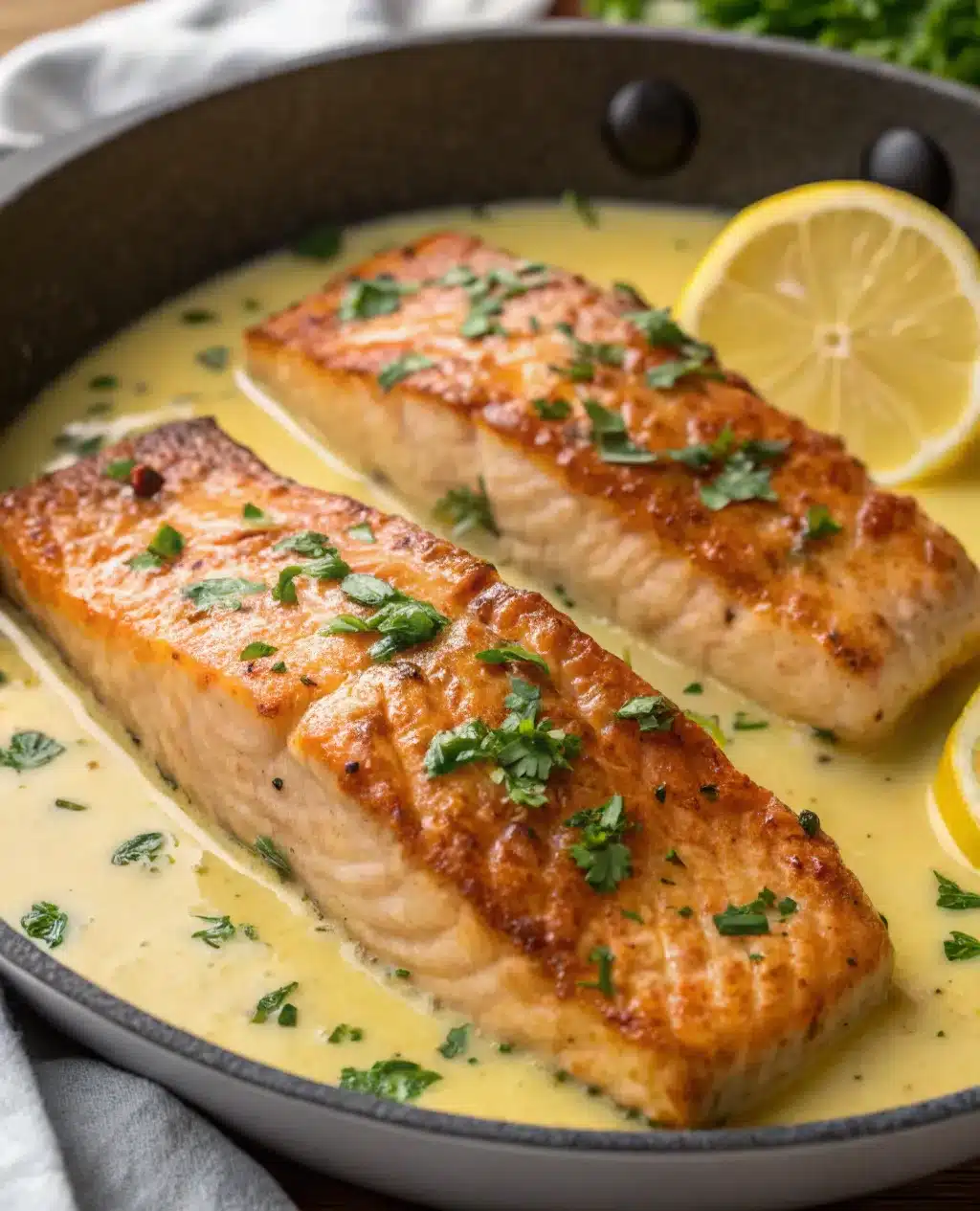 Pan-seared salmon in creamy lemon butter sauce with herbs