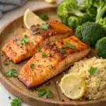 Two air fryer salmon fillets served with couscous, broccoli, and lemon on a wooden plate.