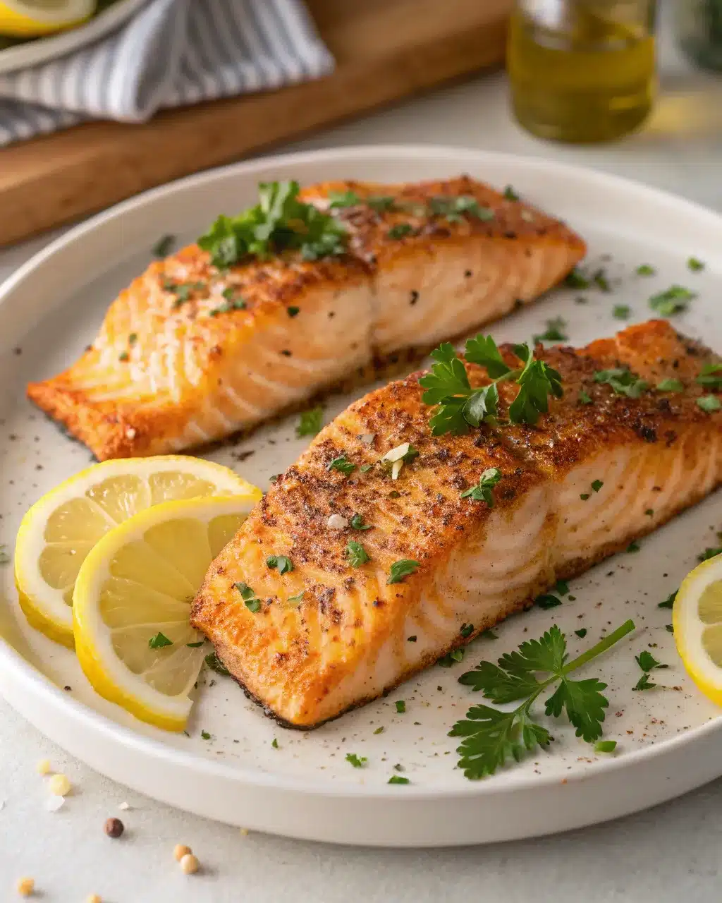 Crispy air fryer salmon fillets garnished with parsley and lemon slices on a white plate.