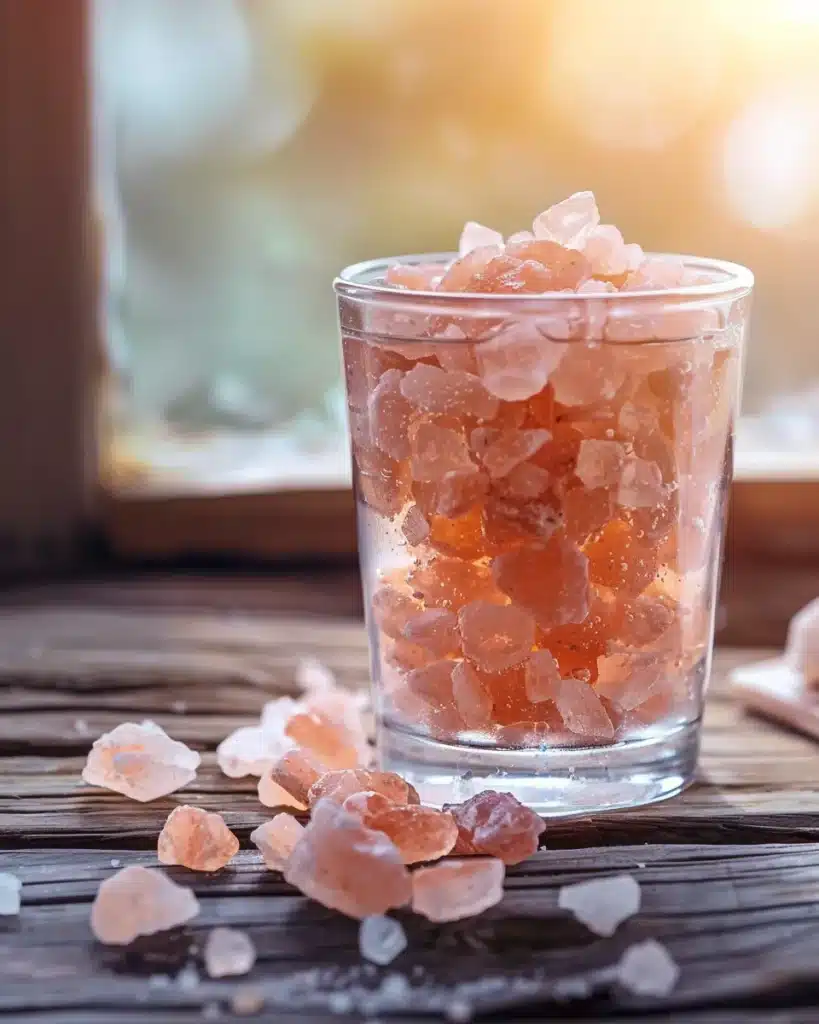 Glass filled with coarse pink Himalayan salt crystals on rustic wood — the simple foundation of the Pink Salt Trick Recipe that supports hydration, digestion, and daily wellness.