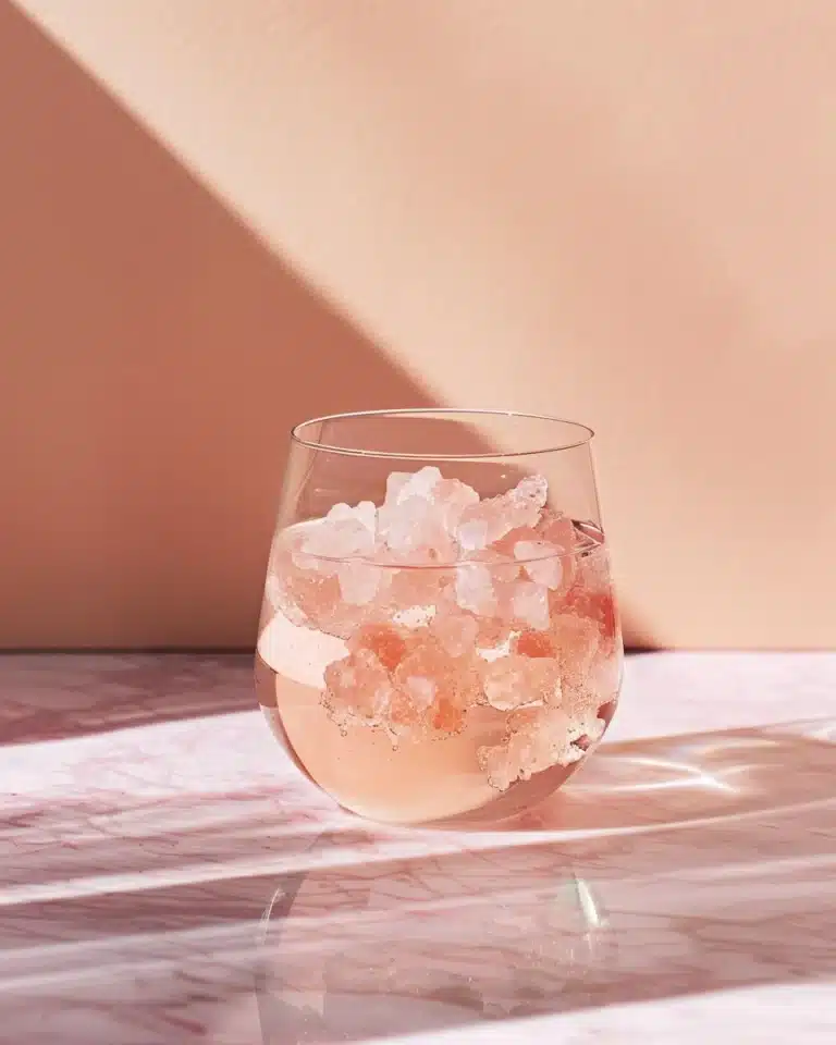 Glass of water with pink Himalayan salt crystals on marble surface