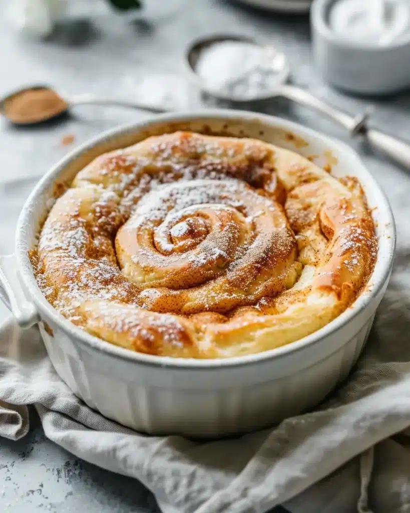 Swirled, baked-style scrambled eggs with golden top in white dish