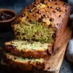 Close-up of sliced chocolate chip zucchini bread showing moist crumb and melted chocolate chips.