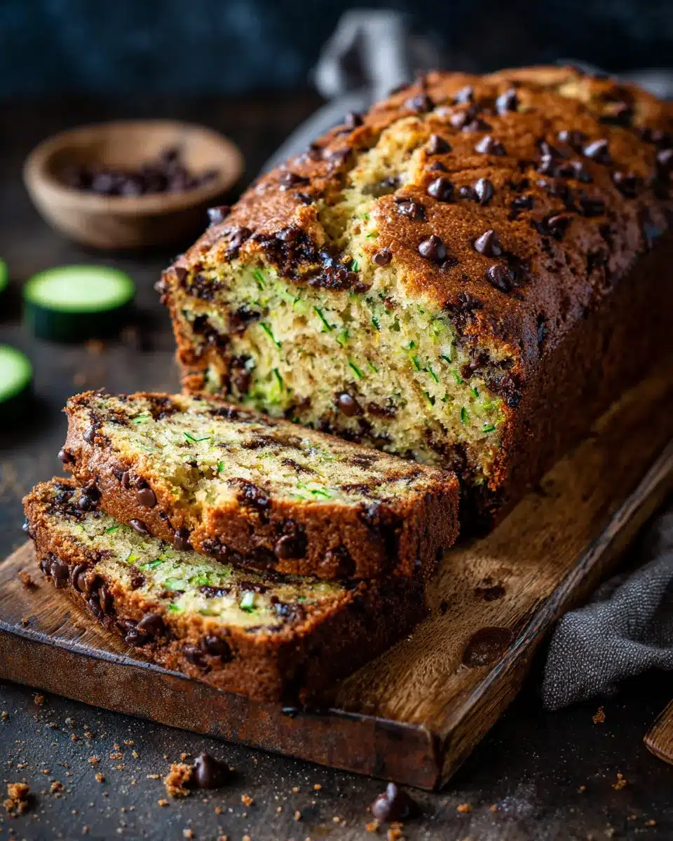 Moist chocolate chip zucchini bread sliced on a wooden board with visible green zucchini and melted chocolate chips.