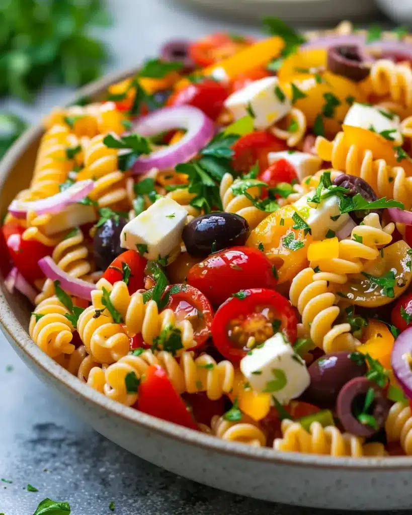 Close-up of pasta salad with rotini, cherry tomatoes, olives, red onions, bell peppers, and mozzarella.