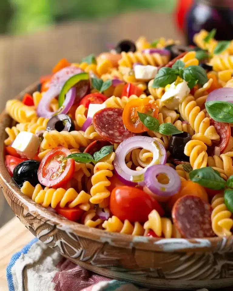 Colorful pasta salad with rotini, cherry tomatoes, red onions, olives, mozzarella, and pepperoni.