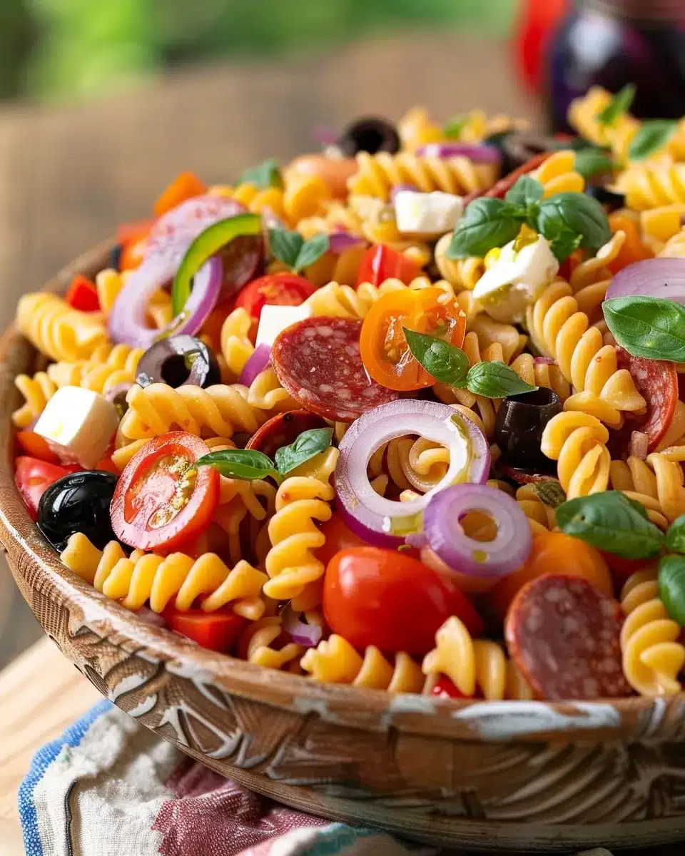 Colorful pasta salad with rotini, cherry tomatoes, red onions, olives, mozzarella, and pepperoni.