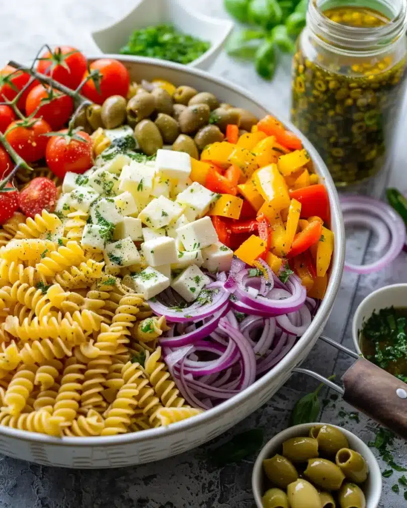Unmixed pasta salad ingredients with rotini, red onions, bell peppers, olives, mozzarella, and cherry tomatoes.