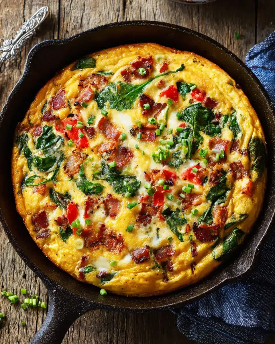 Skillet frittata with spinach, bacon, and red peppers on rustic wood