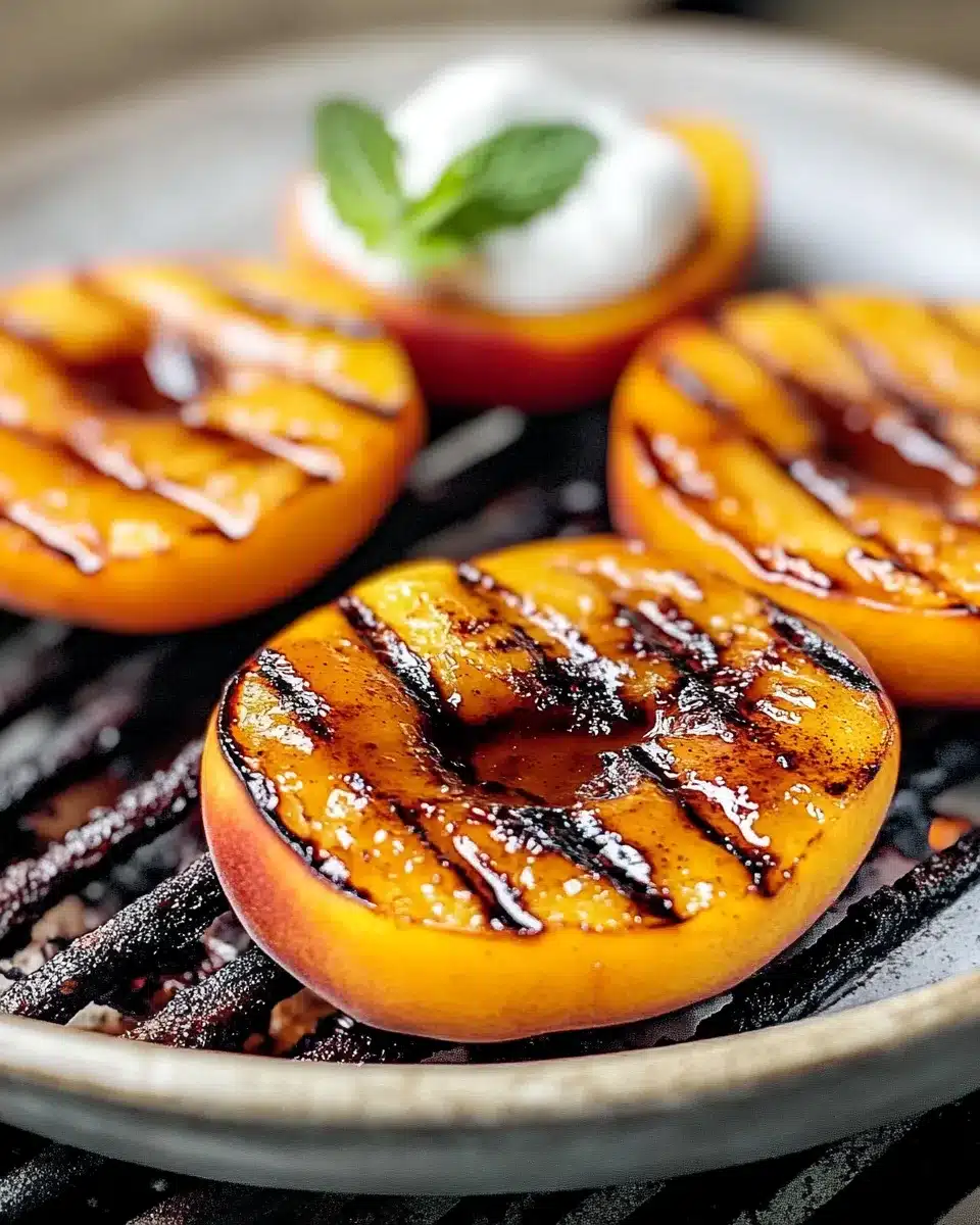 Caramelized peaches on grill topped with cream and mint for a summer dessert.