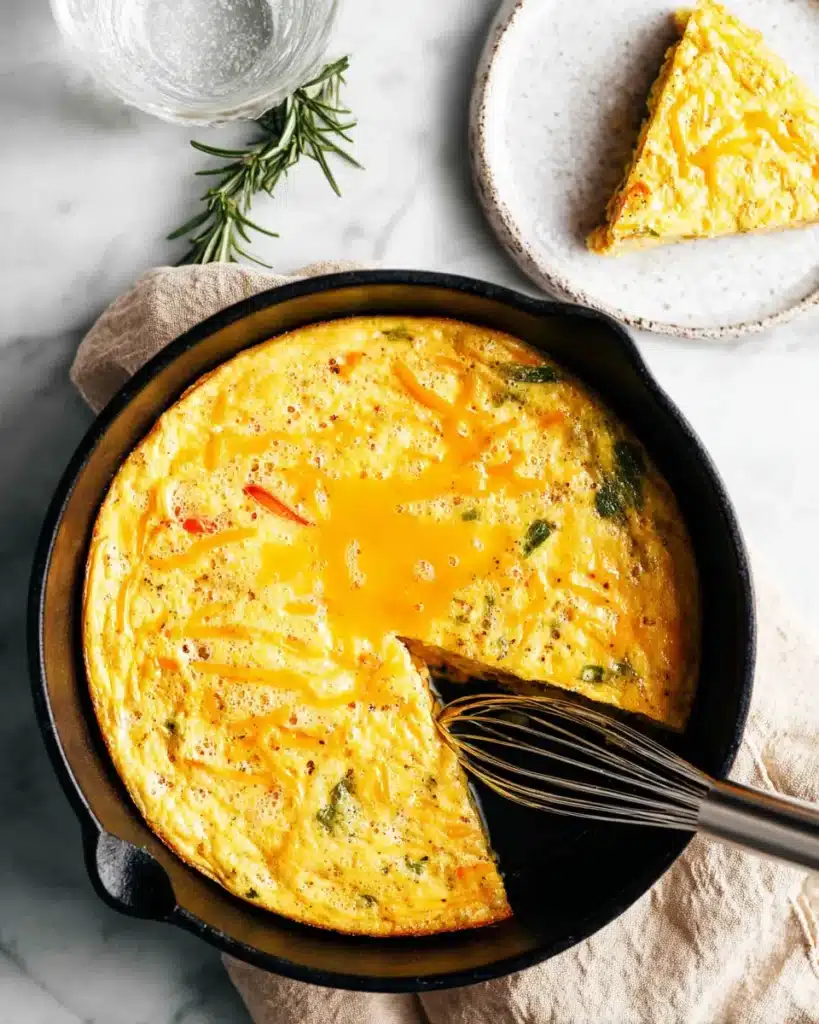 Sliced vegetable frittata in cast iron skillet with one piece on a plate – a perfect visual of this hearty, customizable Frittata Recipe in action.