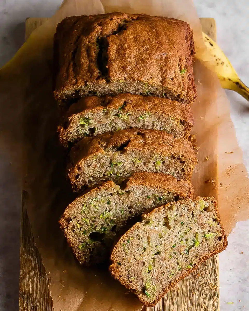 Freshly sliced banana zucchini bread loaf with visible green zucchini flecks