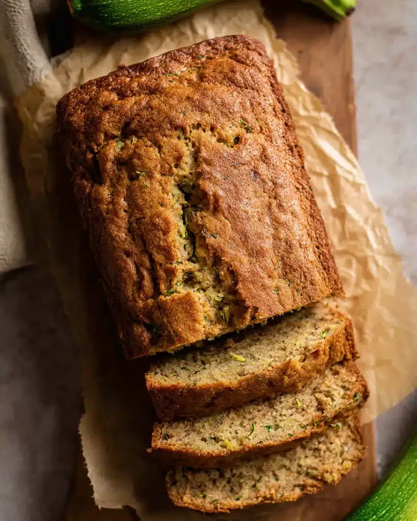 Sliced banana zucchini bread loaf with golden crust and visible zucchini shreds