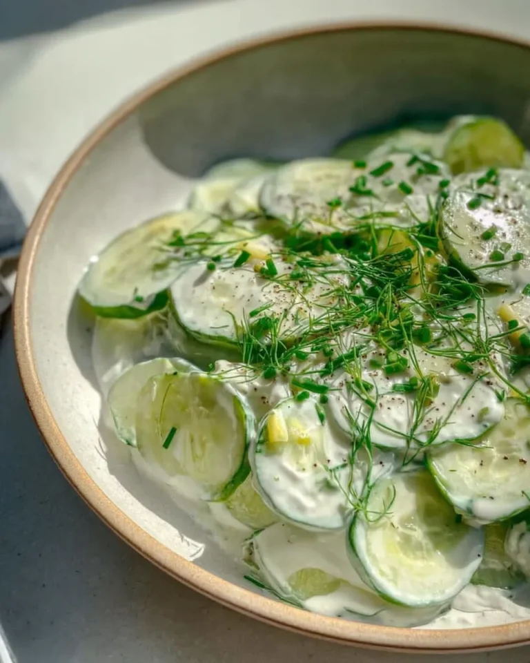 Creamy Polish cucumber salad with fresh dill and chives in a ceramic bowl.