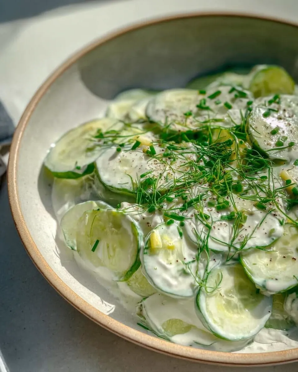 Creamy Polish cucumber salad with fresh dill and chives in a ceramic bowl.