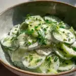 Chilled Polish Mizeria salad with sliced cucumbers, sour cream, dill, and chives.