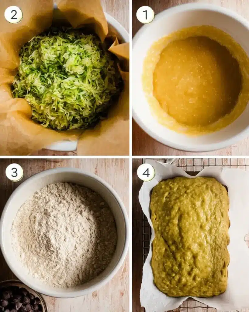 Step-by-step banana zucchini bread prep: zucchini, banana mix, flour, and raw batter