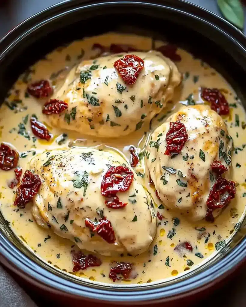 Slow cooker Marry Me Chicken in creamy garlic Parmesan sauce with sun-dried tomatoes