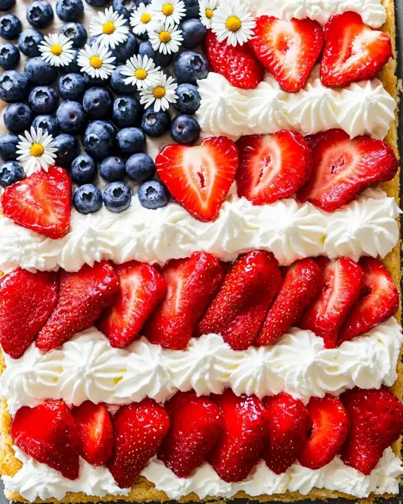 Patriotic flag cake with strawberries, blueberries, and whipped cream