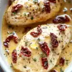 Close-up of creamy Marry Me Chicken with herbs and sun-dried tomatoes