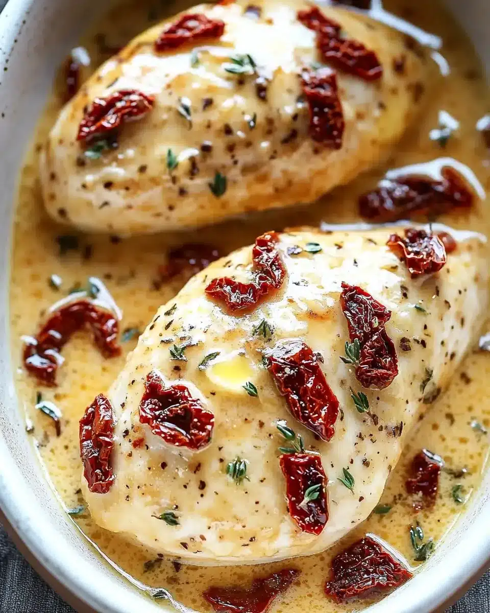 Close-up of creamy Marry Me Chicken with herbs and sun-dried tomatoes